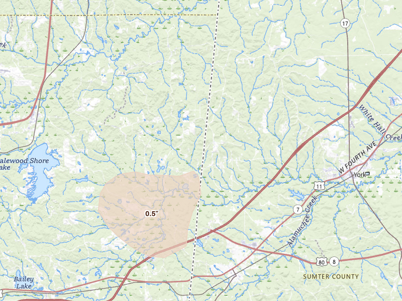 Radar-estimated hail-size map of the storm over Lauderdale, MS on Aug 18, 2026