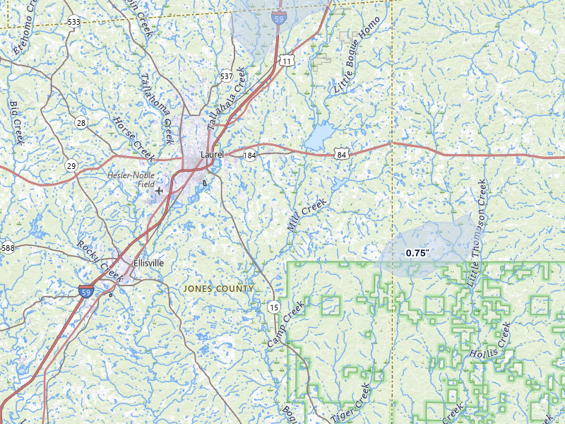 NEXRAD radar-signature map of the hail storm over Laurel, MS on Apr 24, 2026