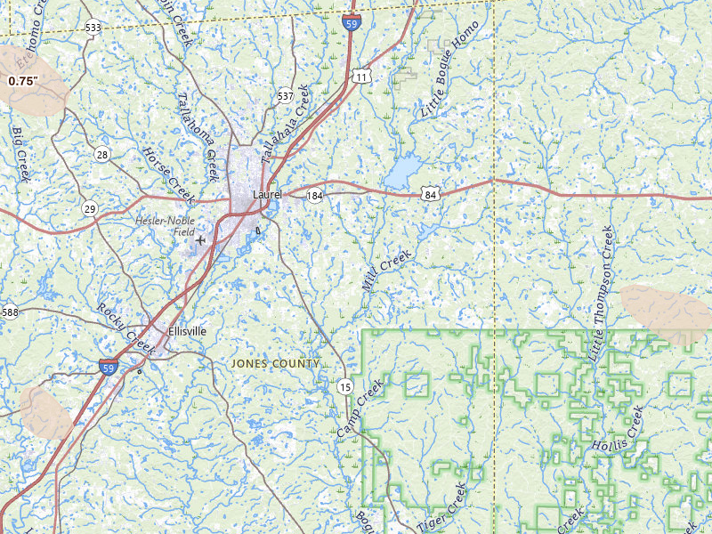 Radar-estimated hail-size map of the storm over Laurel, MS on Apr 26, 2026