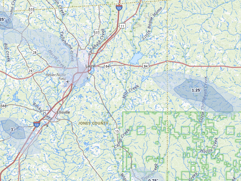 NEXRAD radar-signature map of the hail storm over Laurel, MS on Apr 26, 2026