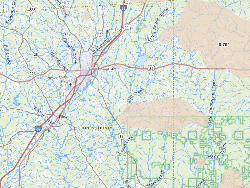 Radar-estimated hail-size map of the storm over Laurel, MS on Apr 29, 2026