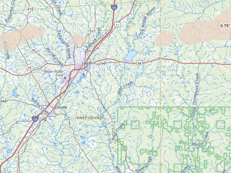 Radar-estimated hail-size map of the storm over Laurel, MS on May 6, 2026