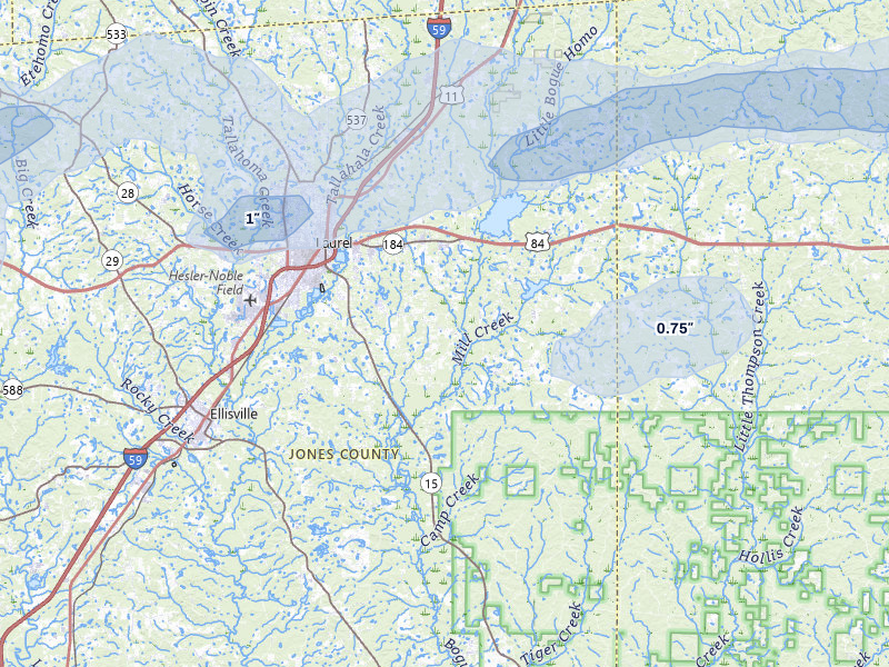 NEXRAD radar-signature map of the hail storm over Laurel, MS on May 6, 2026