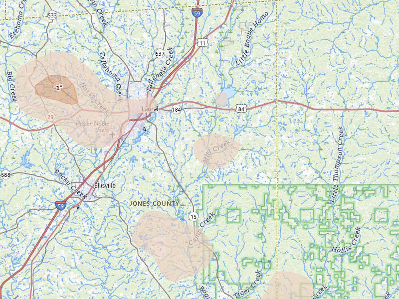 Radar-estimated hail-size map of the storm over Laurel, MS on Jun 19, 2026