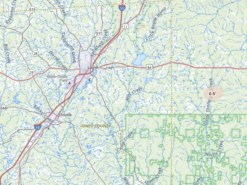 Radar-estimated hail-size map of the storm over Laurel, MS on Jul 5, 2026