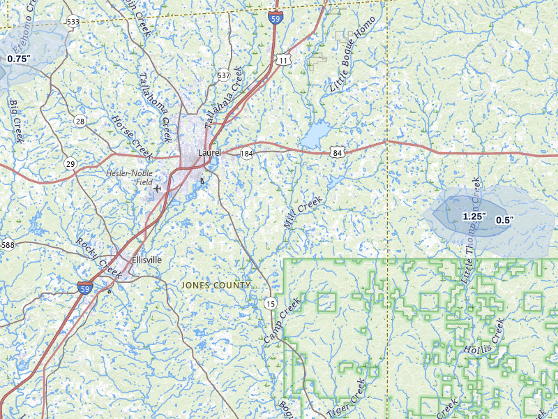 NEXRAD radar-signature map of the hail storm over Laurel, MS on Jul 5, 2026