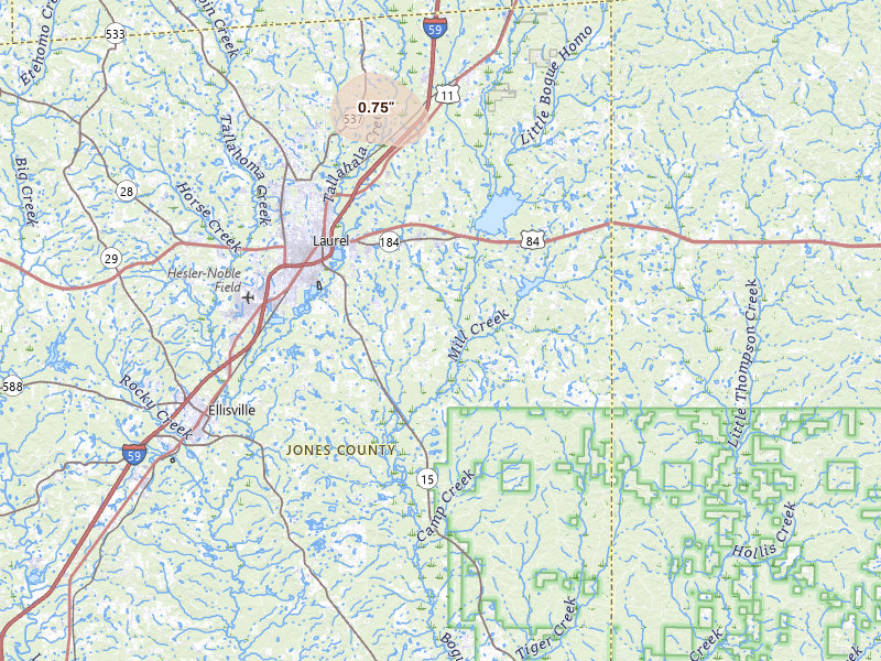 Radar-estimated hail-size map of the storm over Laurel, MS on Jul 31, 2026