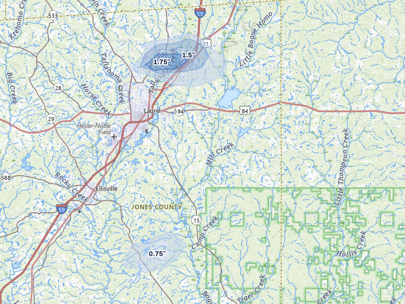 NEXRAD radar-signature map of the hail storm over Laurel, MS on Jul 31, 2026
