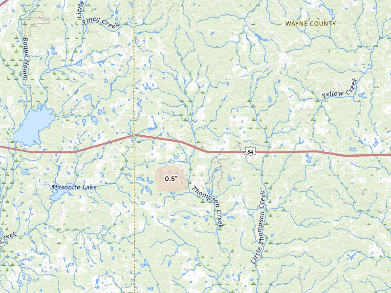 Radar-estimated hail-size map of the storm over Laurel, MS on Aug 10, 2026
