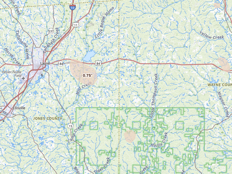 Radar-estimated hail-size map of the storm over Laurel, MS on Aug 19, 2026