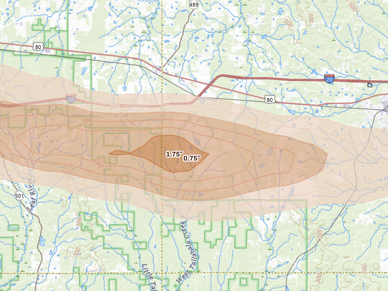 Radar-estimated hail-size map of the storm over Lawrence, MS on Apr 24, 2026
