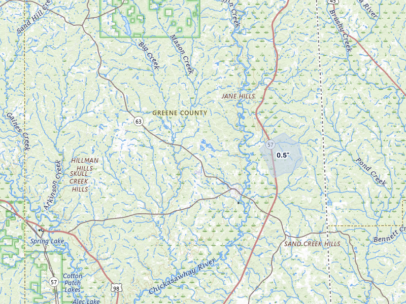 NEXRAD radar-signature map of the hail over Leakesville, MS