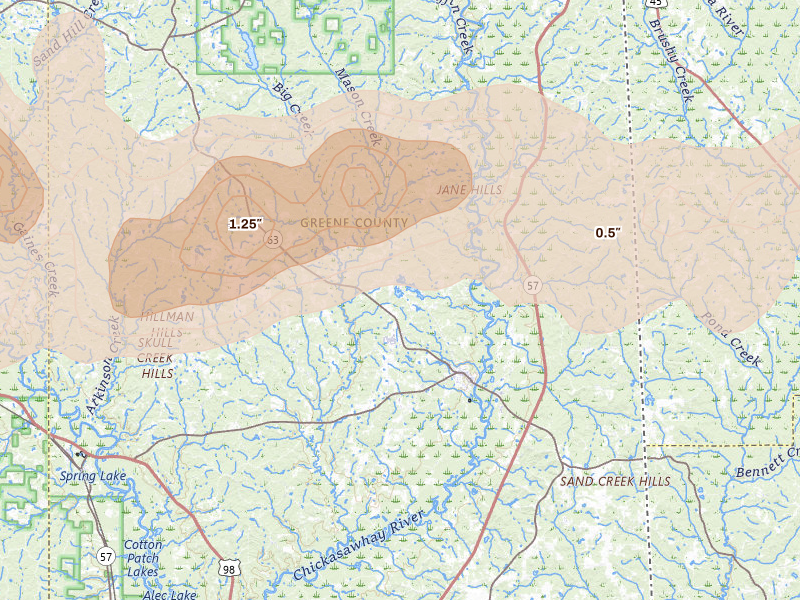 Radar-estimated hail-size map of the storm over Leakesville, MS on May 6, 2026