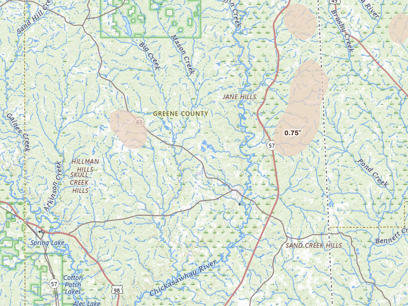 Radar-estimated hail-size map of the storm over Leakesville, MS on Jun 2, 2026