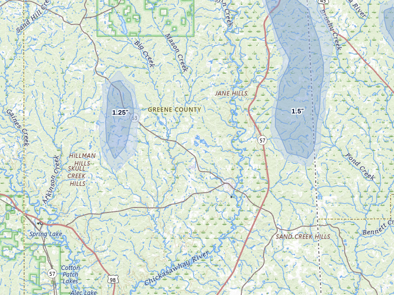 NEXRAD radar-signature map of the hail over Leakesville, MS