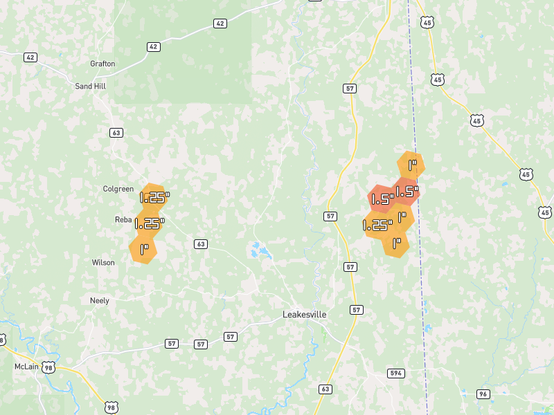 Hail map of Leakesville, MS on Jun 2, 2026, hail up to 1.5"