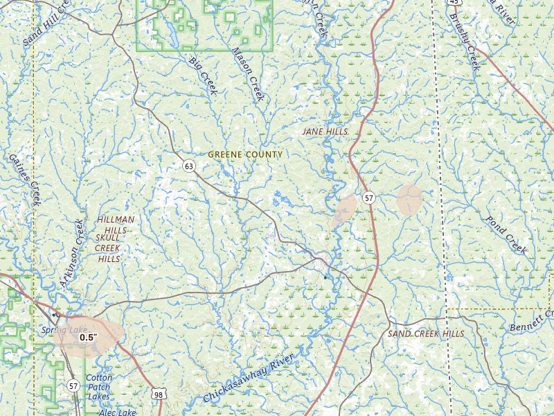 Radar-estimated hail-size map of the storm over Leakesville, MS on Jun 18, 2026