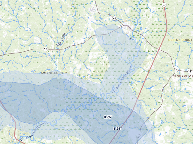 NEXRAD radar-signature map of the hail storm over Leakesville, MS on Aug 21, 2026