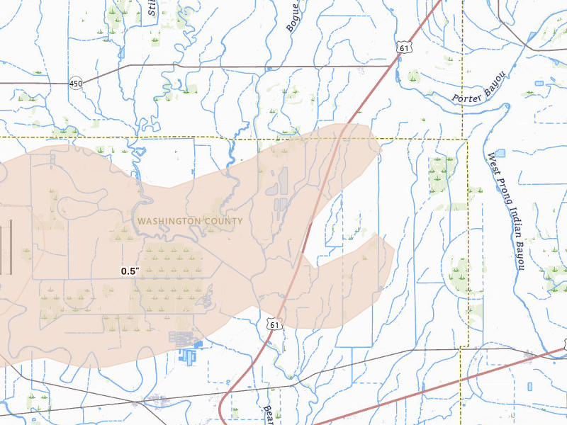 Radar-estimated hail-size map of the storm over Leland, MS on Mar 15, 2026