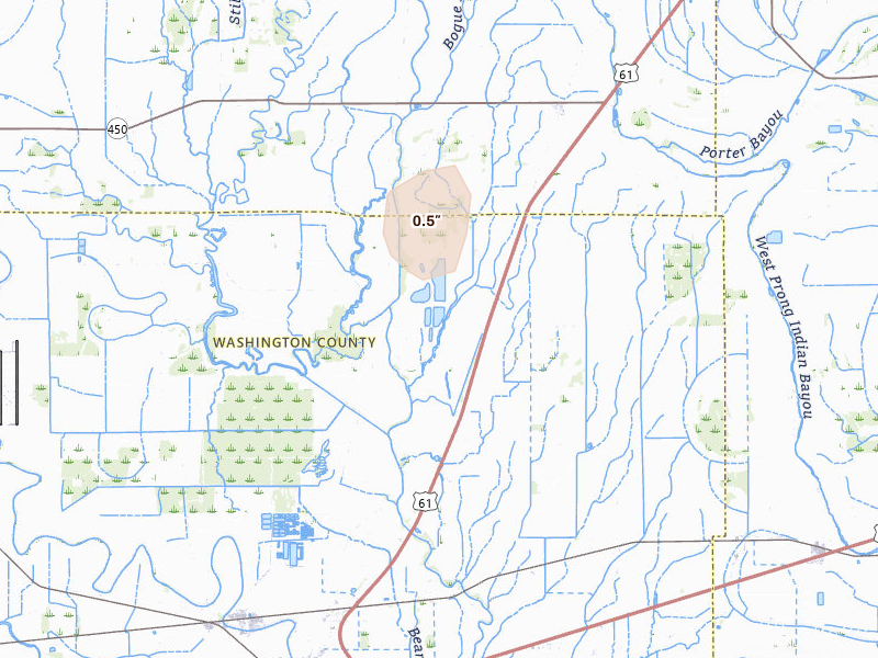Radar-estimated hail-size map of the storm over Leland, MS on Jul 1, 2026