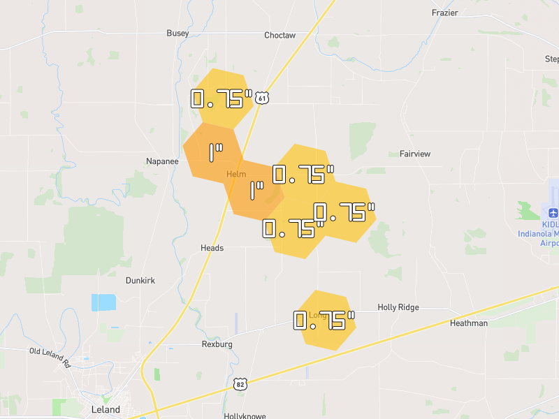 Hail map of Leland, MS on Jul 2, 2026, hail up to 1"