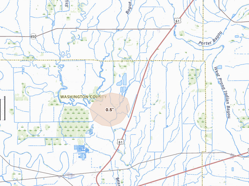 Radar-estimated hail-size map of the storm over Leland, MS on Jul 8, 2026
