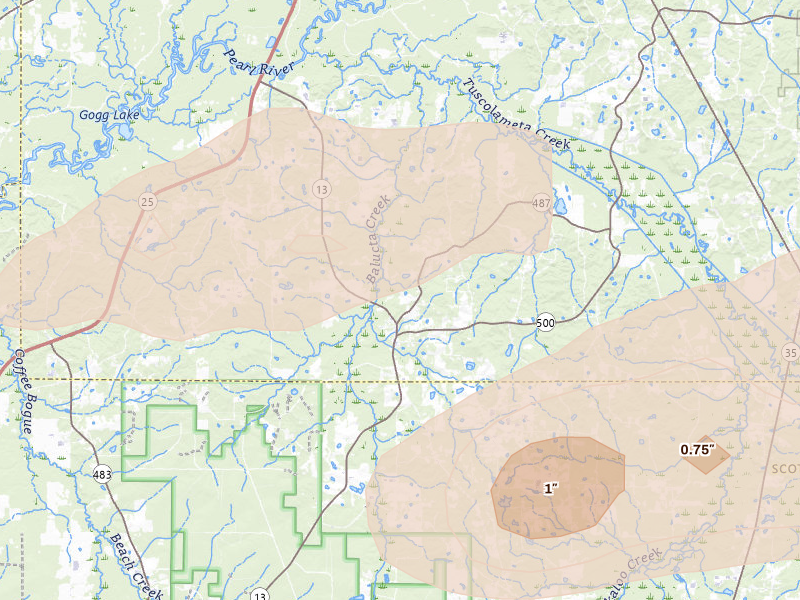 Radar-estimated hail-size map of the storm over Lena, MS on Apr 24, 2026