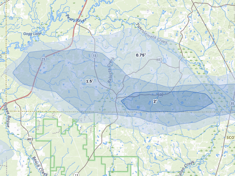 NEXRAD radar-signature map of the hail over Lena, MS