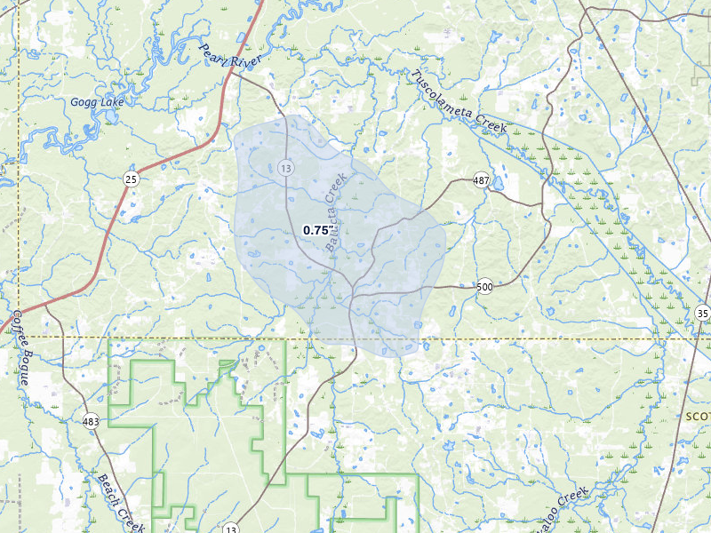 NEXRAD radar-signature map of the hail over Lena, MS