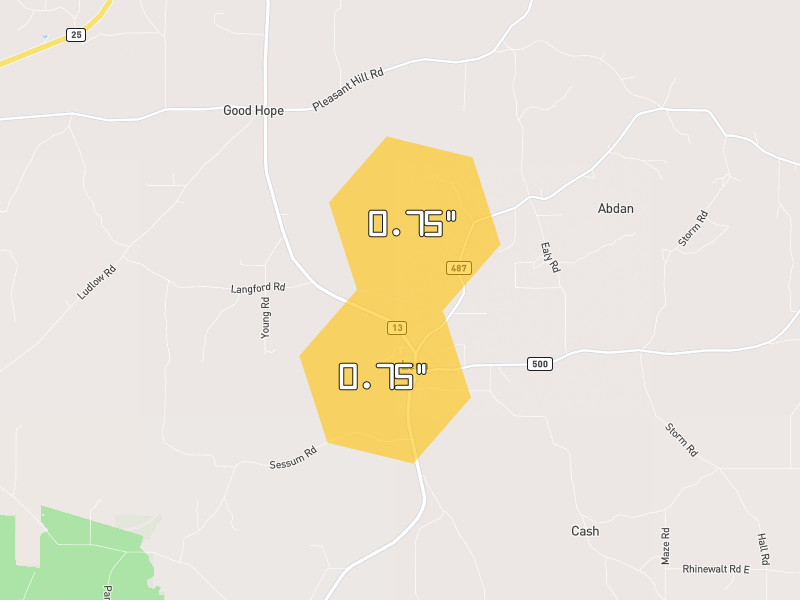 Hail map of Lena, MS on Jun 1, 2026, hail up to 0.75"