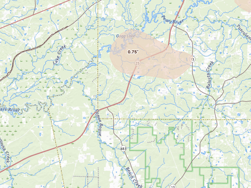 Radar-estimated hail-size map of the storm over Lena, MS on Aug 20, 2026