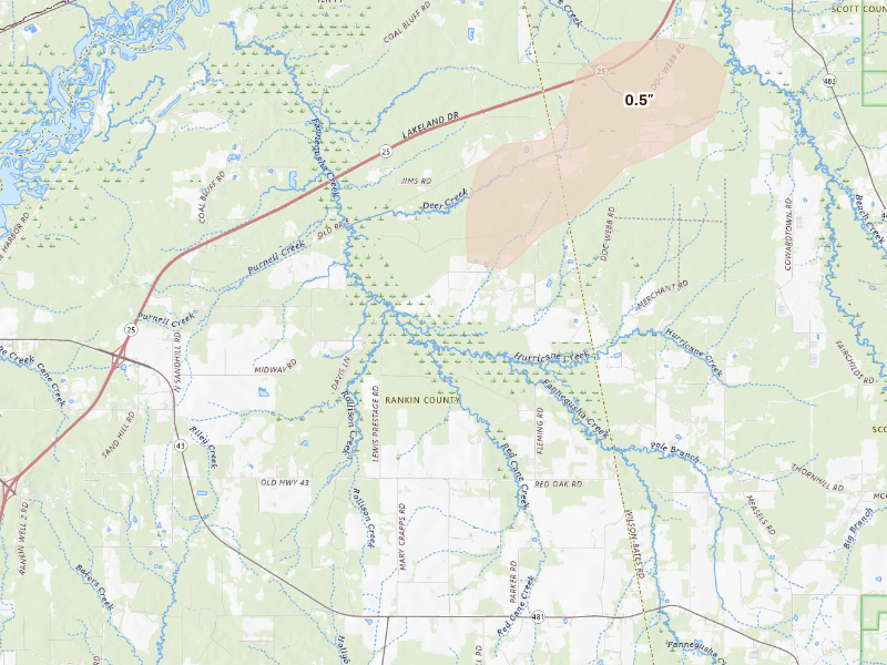 Radar-estimated hail-size map of the storm over Lena, MS on Sep 3, 2026
