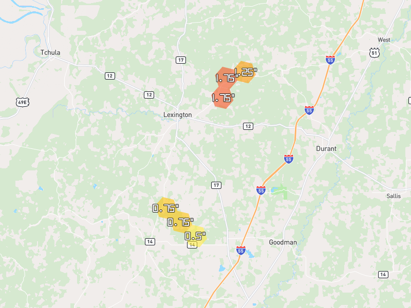Hail map of Lexington, MS on Jul 4, 2026, hail up to 1.75"