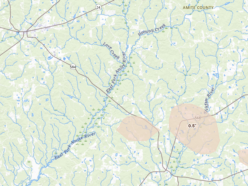 Radar-estimated hail-size map of the storm over Liberty, MS on May 8, 2026