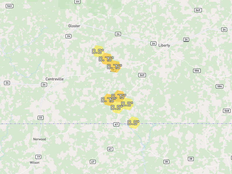 Hail map of Liberty, MS on Jul 5, 2026, hail up to 0.75"