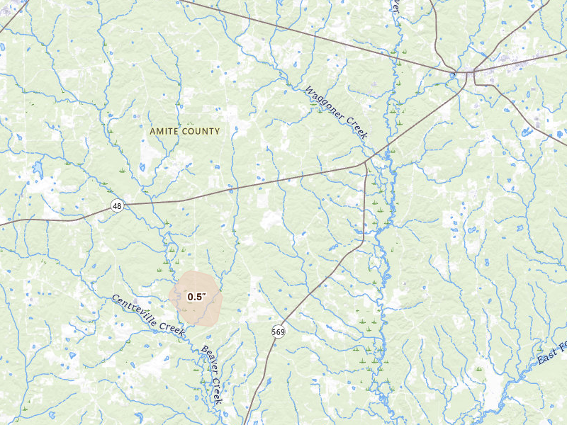 Radar-estimated hail-size map of the storm over Liberty, MS on Aug 8, 2026
