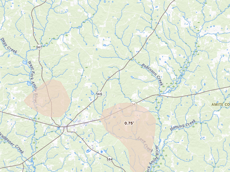 Radar-estimated hail-size map of the storm over Liberty, MS on Aug 18, 2026