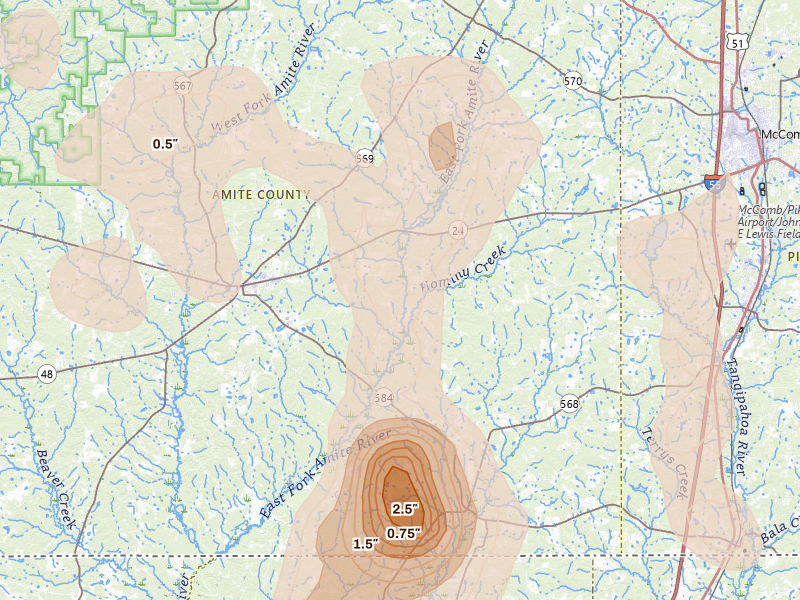 Radar-estimated hail-size map of the storm over Liberty, MS on Aug 21, 2026