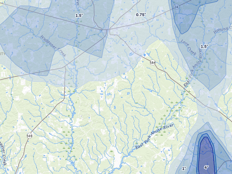 NEXRAD radar-signature map of the hail storm over Liberty, MS on Aug 21, 2026