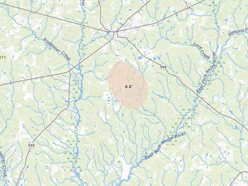 Radar-estimated hail-size map of the storm over Liberty, MS on Aug 23, 2026