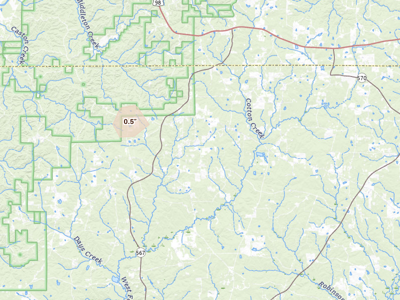 Radar-estimated hail-size map of the storm over Liberty, MS on Sep 3, 2026