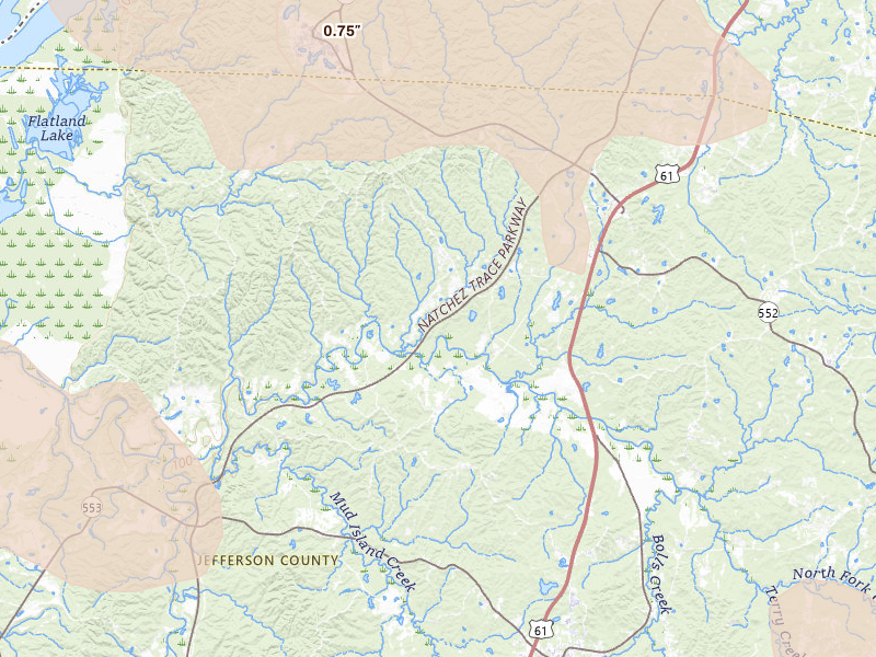 Radar-estimated hail-size map of the storm over Lorman, MS on Apr 25, 2026