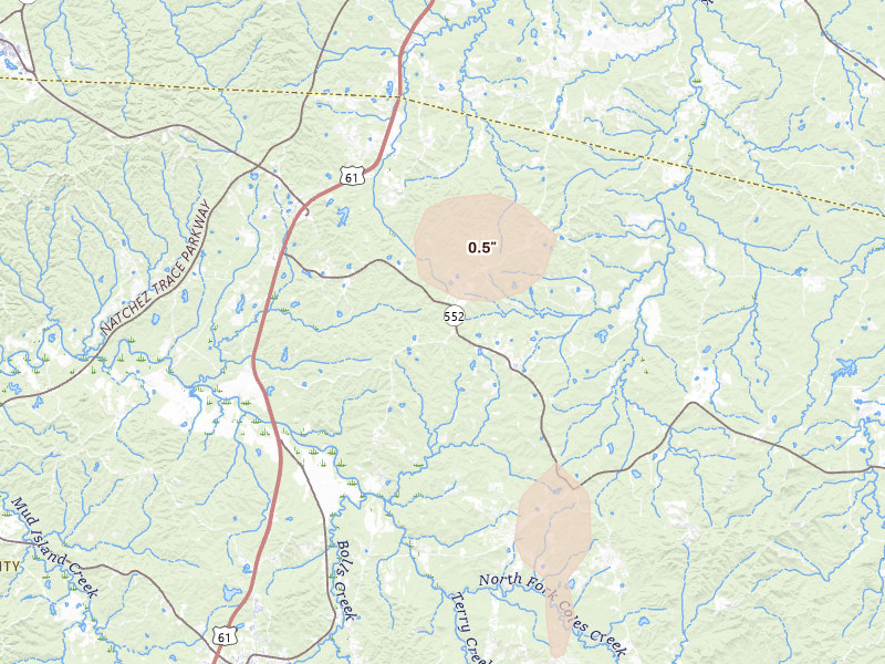 Radar-estimated hail-size map of the storm over Lorman, MS on May 23, 2026