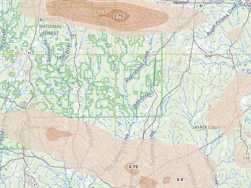 Radar-estimated hail-size map of the storm over Louin, MS on Apr 24, 2026
