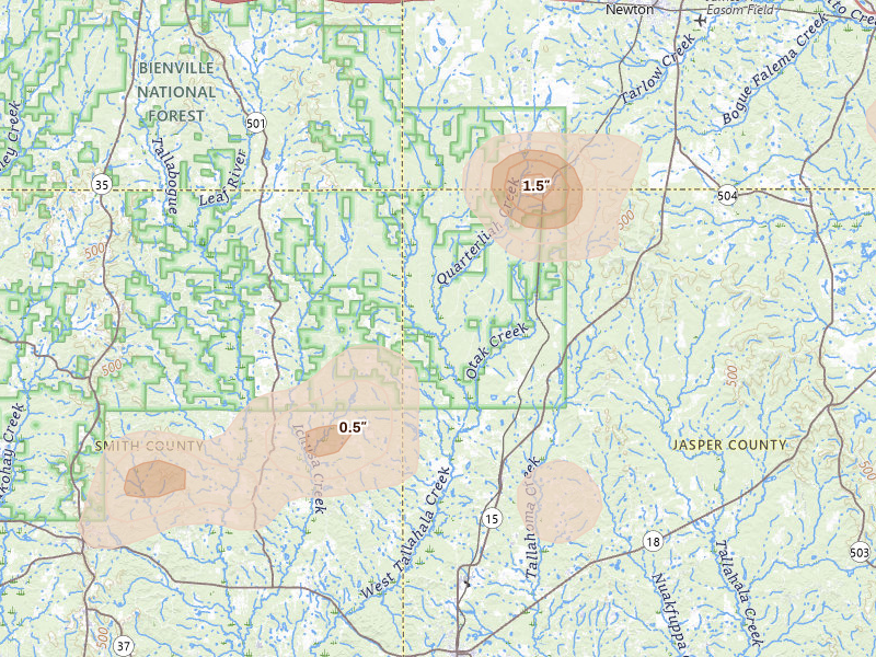 Radar-estimated hail-size map of the storm over Louin, MS on Jun 1, 2026