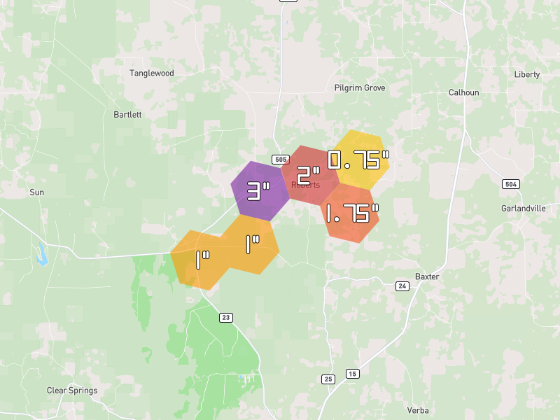 Hail map of Louin, MS on Jun 1, 2026, hail up to 3"