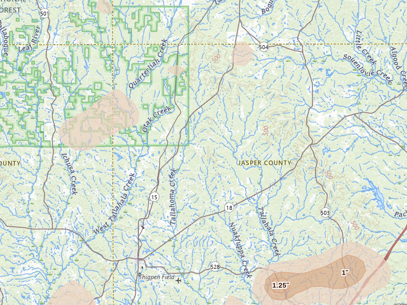 Radar-estimated hail-size map of the storm over Louin, MS on Aug 20, 2026