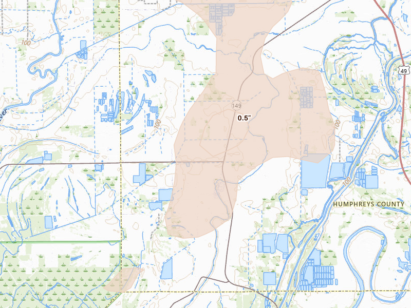 Radar-estimated hail-size map of the storm over Louise, MS on Jun 1, 2026