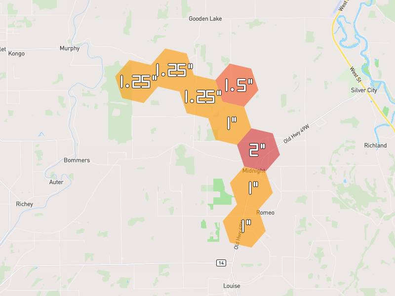 Hail map of Louise, MS on Jun 2, 2026, hail up to 2"