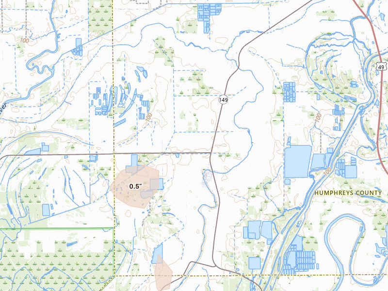 Radar-estimated hail-size map of the storm over Louise, MS on Jun 19, 2026